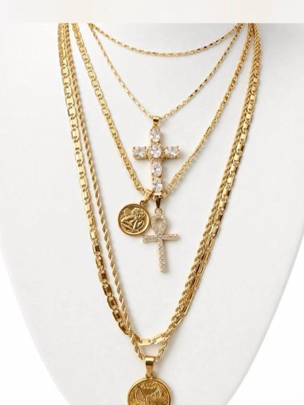 Gold Layered ankh and cross spiritual faith Pendant Necklace Set stack boho